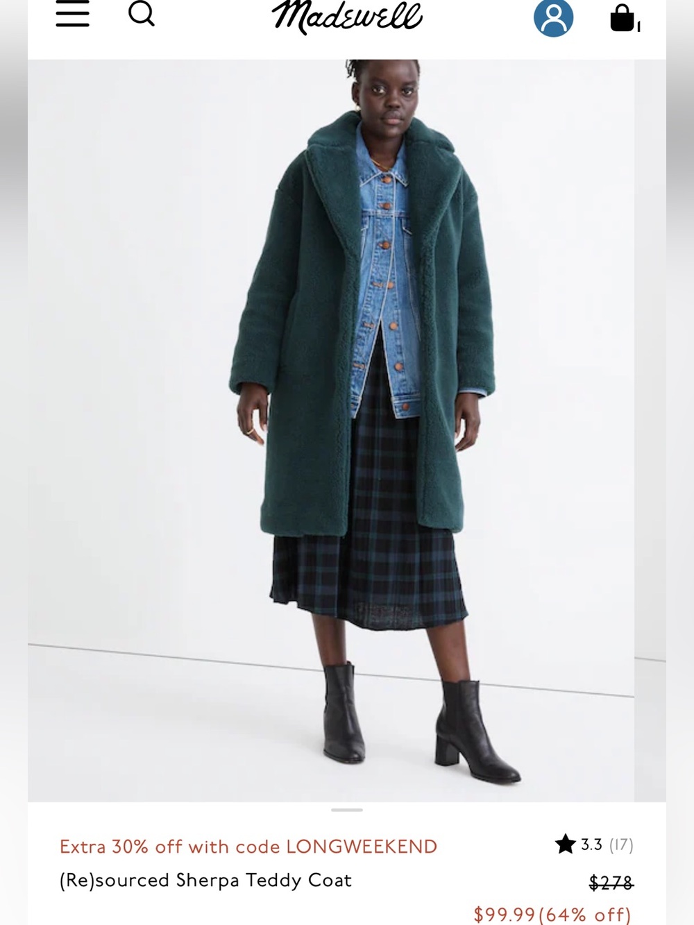Madewell Dark Green Sherpa Teddy Coat